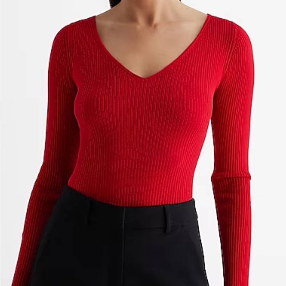 Express Silky Soft Fitted Ribbed V-Neck Sweater XS Red